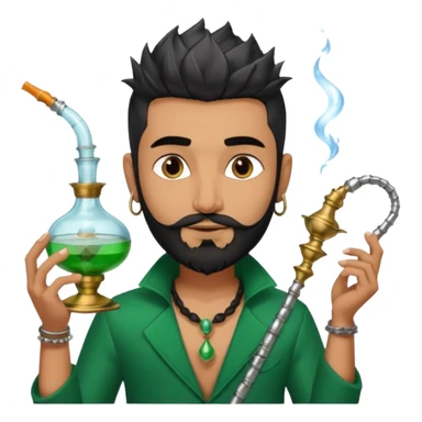 Brass hookah with green design on a glass water base on the top; with two smoke pipes where people are holding them and smoking - one white guy with spikes (silver and black hair) and another Tamil handsome with little beard Indian guy sticker