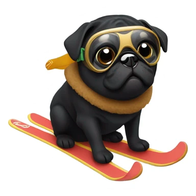 Black pug with a curly tail and goggles skiing on a snowy mountain sticker