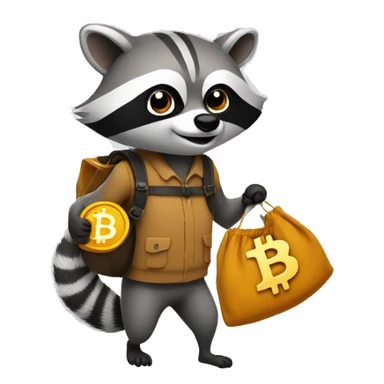 racoon carrying a bag of bitcoin with a smirk face sticker