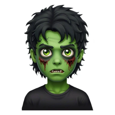 boy zombie with black curly hair mullet with green skin with black shirt sticker