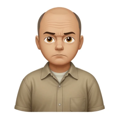 Carl from Sling Blade, serious expression, recognizable features, neutral background, full body, chin sticking out, slouching posture, no glasses, shirt with collar sticker