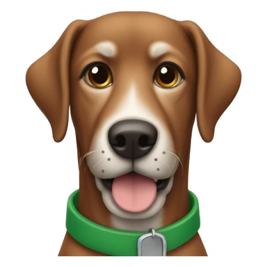 Brown dog with floppy ears, and a green collar and a brown nose and a gray beard sticker