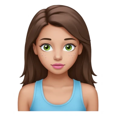 Create a teen girl wearing a light blue tank top. She will have long brunette hair, tan skin, pink lips, and grey-green eyes. She has long eyelashes. She also has light freckles  sticker