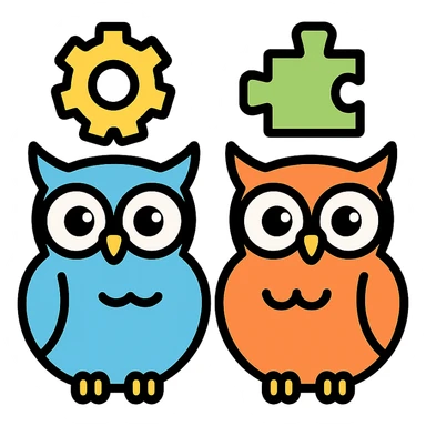 two owls with gears or puzzle pieces, teamwork icon sticker