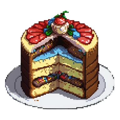 pixel art cake with a bite taken out showing the layers inside sticker