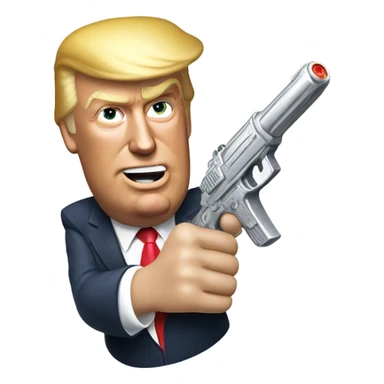 Donald trump holding a silver squirt gun in one hand and aiming it at the side of his head and giving a thumbs up with his other hand sticker