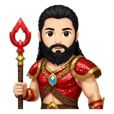 Mars, God of War from Gods and Goddesses with long black hair and beard, red and black sequin outfit, light tan skin sticker