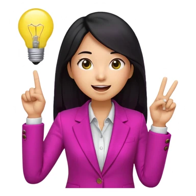 Cute 3D emoji of a Korean woman in a magenta blazer, long black hair and big brown eyes, with a light bulb above her head, excited expression, finger pointing up, solid lemon yellow background. sticker