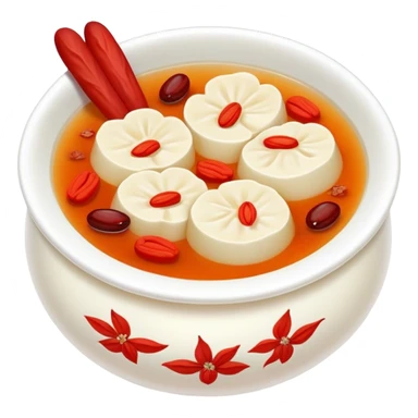 Sweet white fungus soup with red dates and goji berries, simplified emoji style with bold outlines and bright colors, cartoon style Yin Er Tang dessert sticker