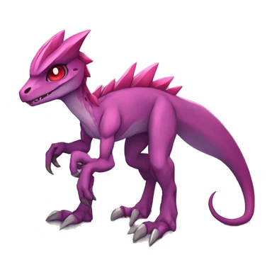 Chibi-Anthro Mauve-maroon-red-colored edgy anthro-genesect-velociraptor-scalie-sona-Fakémon-hybrid with a purple-pink mane on head and back and horns full body sticker