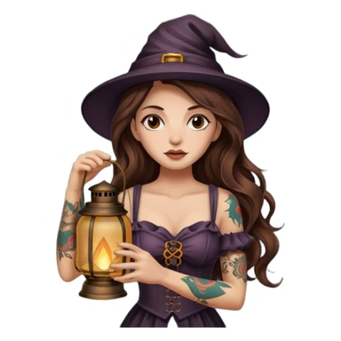 tired night witch woman long wavy brown hair tattoos holding lantern sticker