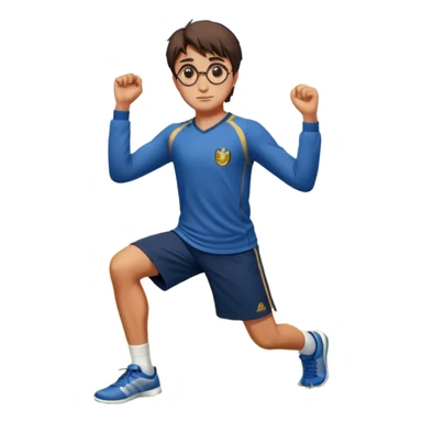 Harry Potter is in sports clothes doing morning exercises, he is in the field before his magic school sticker