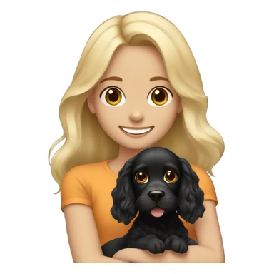 Happy blonde girl with brown eyes holding on hands black cocker spaniel sticker