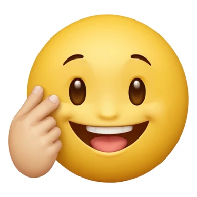 Quiero un personaje de una bolita de emoji amarilla con cara sonriente mordiéndose un dedo sticker
