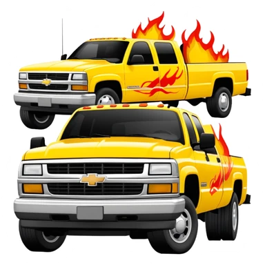 1997 yellow Chevy C-2500 Crew Cab with red flame design only painted on the front bumper, movie-accurate Kill Bill truck detail, 30-degree view, iOS emoji style sticker