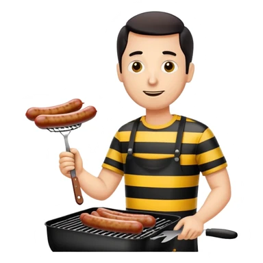 guy in black and yellow horizontal striped shirt grilling sausages sticker