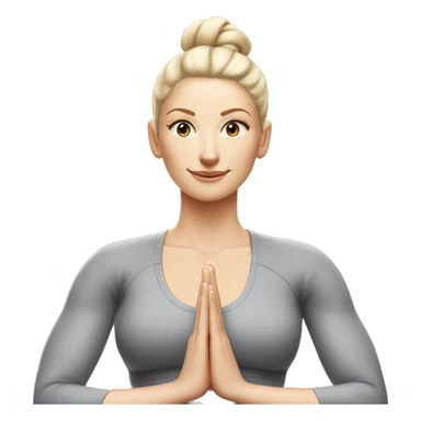 Pale skinned fit woman In a gray tight yoga suit and wristbands With ash blonde hair in a bun doing yoga sticker