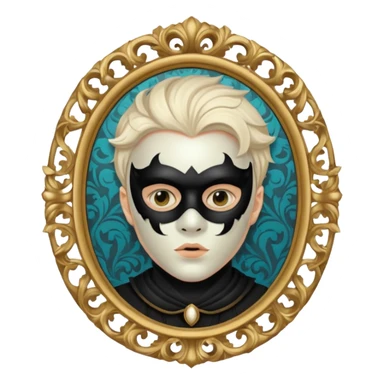 Spooky killer on mask on fancy mirror behind boy sticker