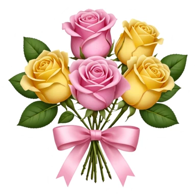 A bouquet of flowers, composed of pink and yellow roses, four blooms in total, tied with ribbon. sticker
