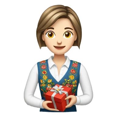 A female teacher in Ukrainian embroidery holds a gift in her hand sticker