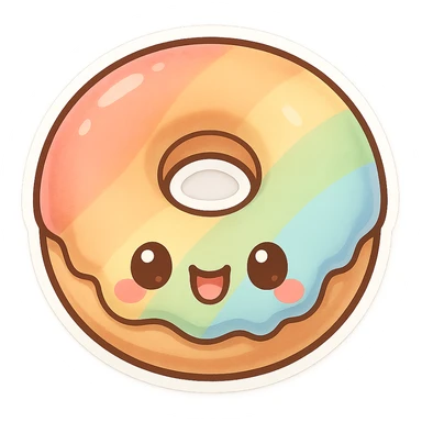 chibi sticker-style rainbow donut, cute and exaggerated sticker