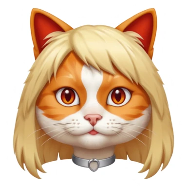 A cat with a wig on and red human nails sticker