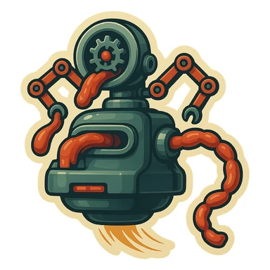 sausage-processing droid. retro-futuristic style. in front is a large industrial grinder rotating gears and blades. Two robotic arms feed material into grinder. Sausage links extrude from the rear like  factory. The body is metallic, compact, and floats above the ground.no legs. Dark humor sticker