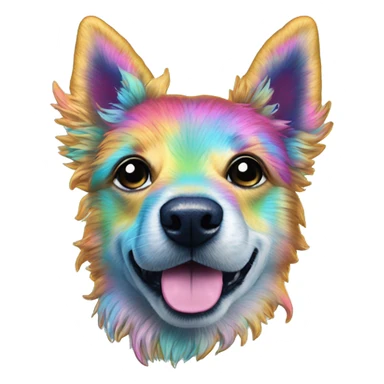 Multicolored rainbow retro groovy tie dye hippie trippy floral patterns on a metallic holographic iridescent blue dog face head unicorn sticker