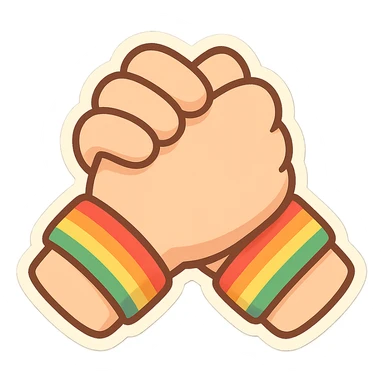 chibi sticker-style pair of clasped hands with rainbow bracelets, cute and exaggerated sticker