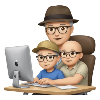 Middle aged man with glasses working at his desk, with his child sitting behind him on the headrest of his chair looking at his computer sticker