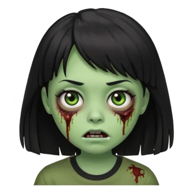 A zombie girl in Apple Memoji format with the longest, straight black hair with bangs, wearing a black shirt. sticker
