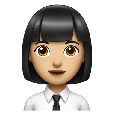 A girl with a bob black hair with bang wearing white shirt with a black tie sticker