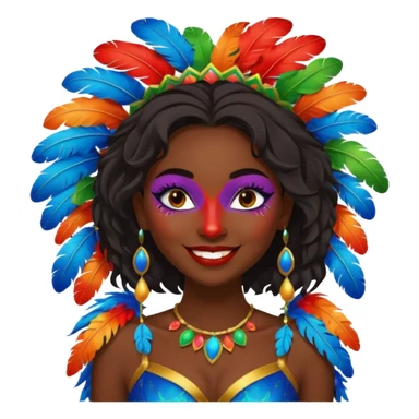 i need the same girl in "dark skin girl, dark red lipstick, nails very beautiful" to be smiling in "carnival mas costume, blue, green and orange preferably, full costume feathers at the back" she is to be smiling, hair should be dark shoulder length, black nail polish on her fingers  sticker