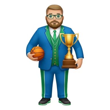 full body white obese male basketball coach with trophy. Goatee beard , Wearing glasses and blue and green suit sticker