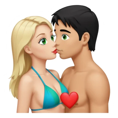 Blonde Queen with crown Green eyes blue Bikini whole body Kissing man black Hair Hearts sticker