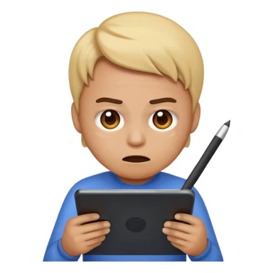 emoji holding and drawing on tablet using a stylus, looking down at screen in frustration sticker