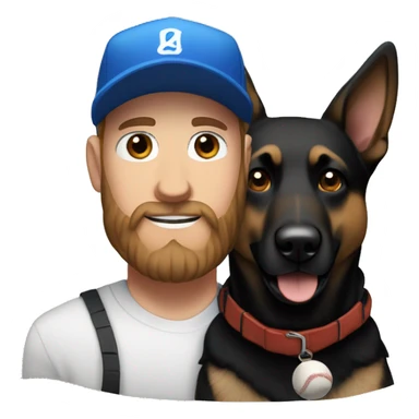 white male with blue eyes, a black beard and a baseball hat alongside a black and brown german shepherd  sticker