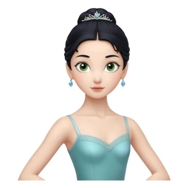 Cinematic Realistic ballerina Medium Blue Portrait, depicted with lifelike skin texture, subtle rosy undertones, and soft natural lighting that enhances the gentle contours of her face. Her intricately detailed sweet black hair is elegantly styled, green eyes sticker