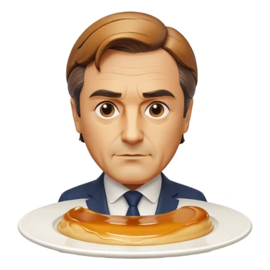 bust of François Fillon sculpted from flan, smooth creamy flan skin, glossy translucent caramel hair dripping, on a white round plate sticker
