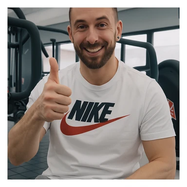 The man in the photo is making the OK gesture with his thumb up, showing an amused expression, in a gym environment, photorealistic style. sticker