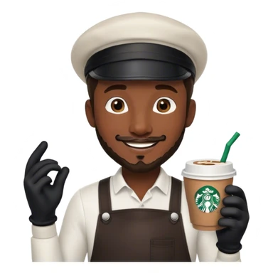 starbucks barista with a short beard and a paperboy cap wearing black gloves and smiling sticker