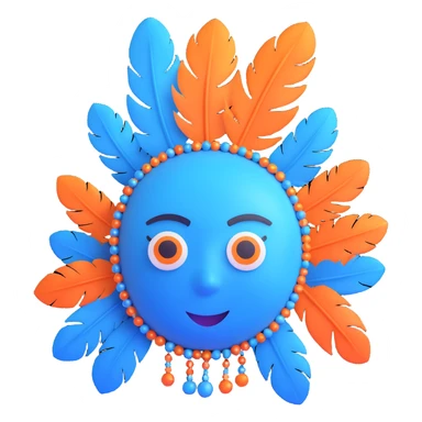 blue avatar emoji, decorated with feathers and beads, expressive and friendly, inspired by the reference sticker