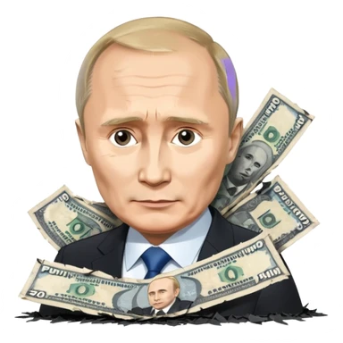 single stack of russian ruble notes with Vladmir Putin's picture on them blown into pieces because of explosion sticker