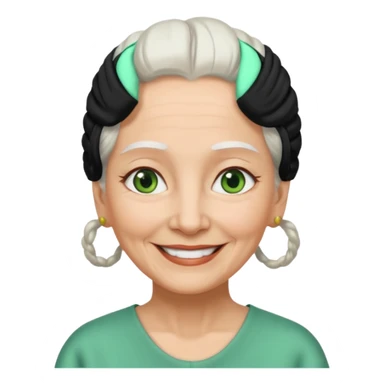 abuela con ojos verdes, pelo blanco, pelo blanco y amarrado, aspecto feliz sticker
