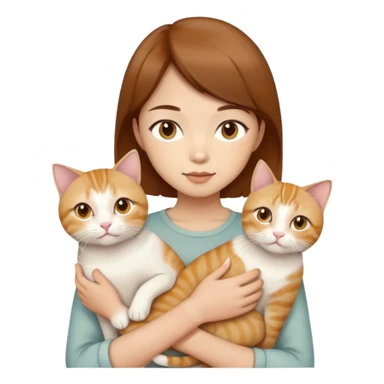 Asian girl, brown hair, brown eyes skin tone beige holding three cats one ginger, one yellow white one British short hair and cream colour sticker