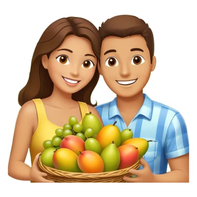 A happy couple (man and woman) sitting together, enjoying fresh fruits from a basket. The basket is filled with mangoes, grapes, oranges, and a pineapple. The couple is smiling and eating fruit, creating a warm and joyful atmosphere. The scene is colorful and vibrant, representing freshness and nature sticker