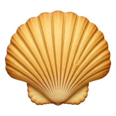 A madeleine pastry. Scalloped seashell shape with four to five vertical lines going in the same direction. Light golden brown. Scalloped edge. Cookie. Flat. sticker
