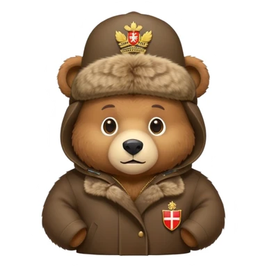 Cute brown bear in Russian fur ushanka hat with coat of arms pin, front view, iOS emoji style sticker