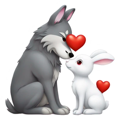 Old big Wolf kisses a white little Bunny who has pink ears, with big red heart between them sticker