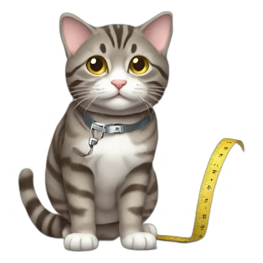 Chubby brown gray tabby cat chasing tape measure sticker